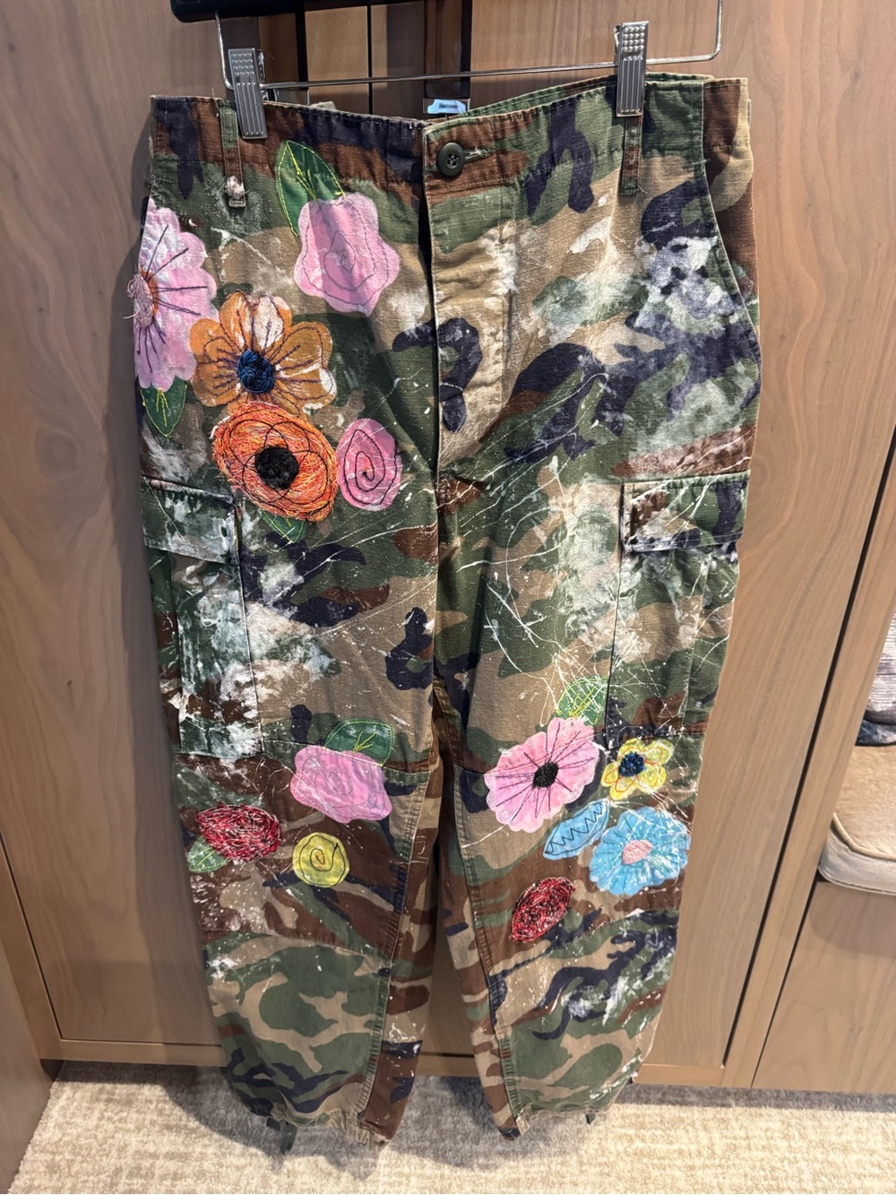 Propper Green Camo Cargo Pants with Multicolor Floral Embroidery
